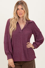 Plum Brushed Colorblock Long Sleeve Collared V-Neck Maternity Top