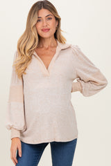 Beige Brushed Colorblock Long Sleeve Collared V-Neck Maternity Top