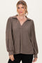 Brown Brushed Colorblock Long Sleeve Collared V-Neck Top