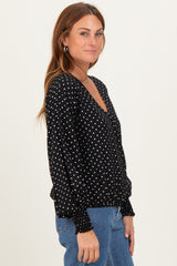 Black Polka Dot Long Sleeve Smocked Top