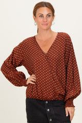Brown Polka Dot Long Sleeve Smocked Maternity Top