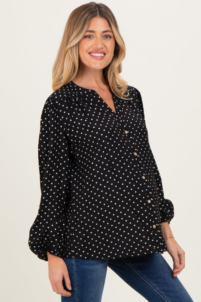 Black Polka Dot Long Sleeve Button Down V-Neck Maternity Top