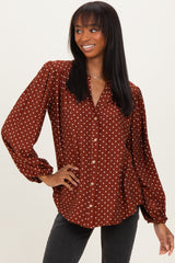 Brown Polka Dot Long Sleeve Button Down V-Neck Top