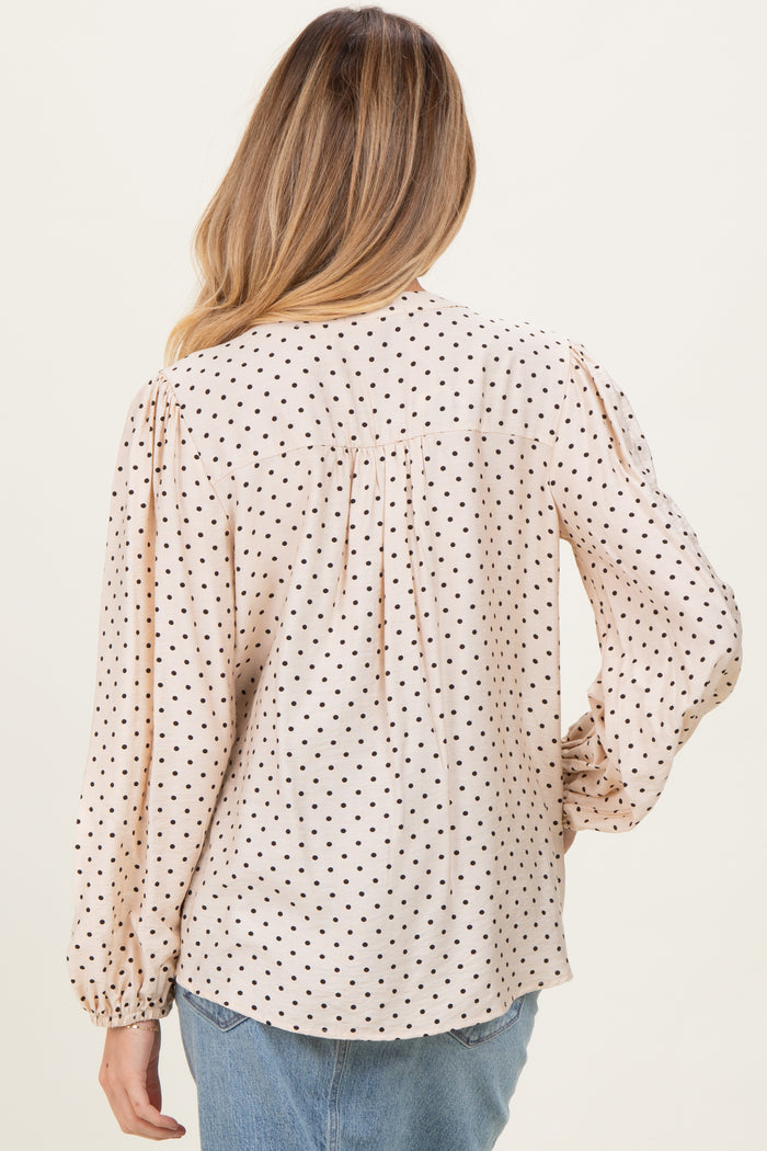 Ivory Polka Dot Long Sleeve Button Down V-Neck Maternity Top