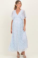 Blue Floral Chiffon Short Sleeve V-Neck Smocked Top Maternity Maxi Dress