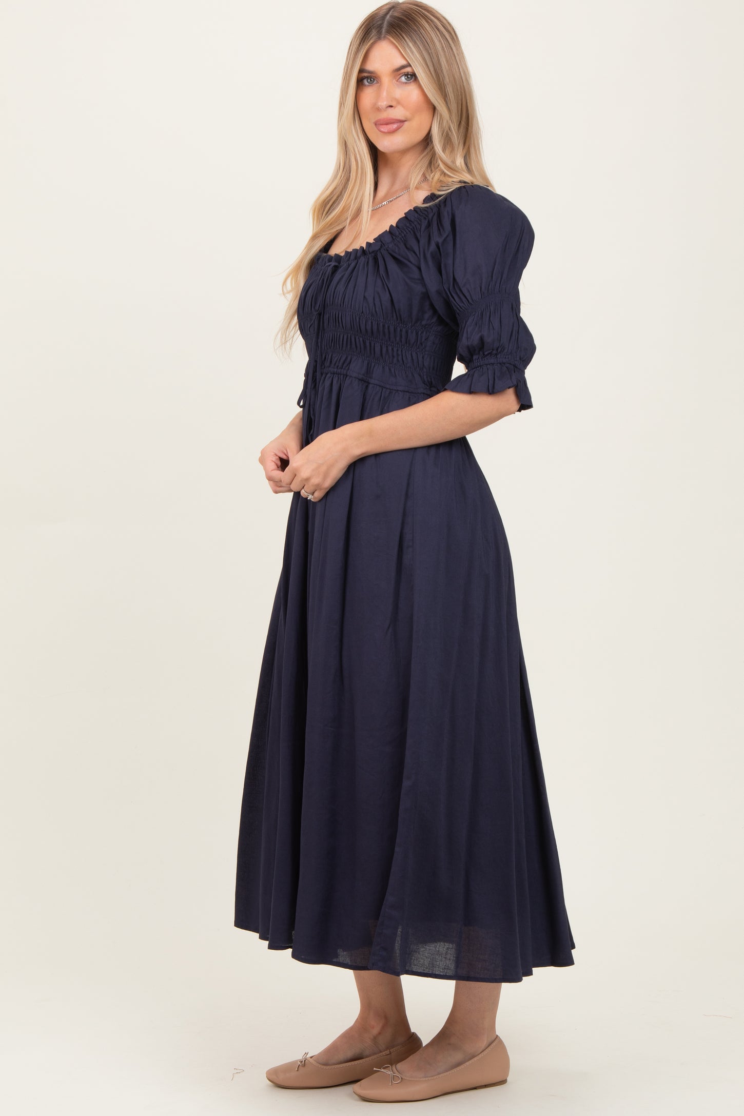 Navy Smocked Ruffle Square Neck Midi Dress