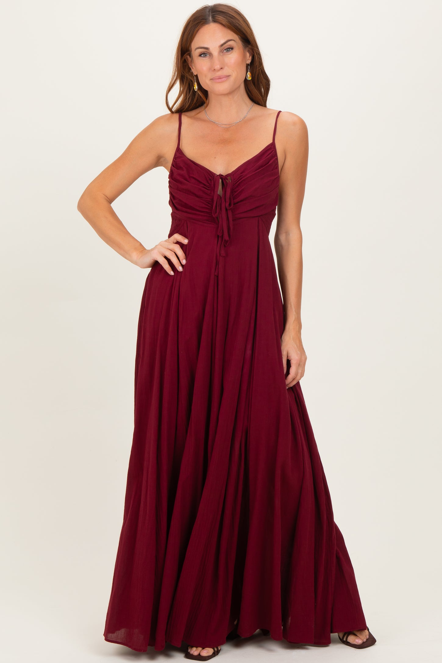 Burgundy Gathered Tie Front Maxi Dress