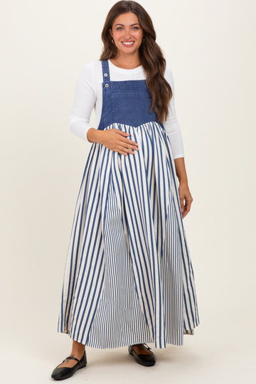 Blue Striped Colorblock Denim Contrast Maternity Maxi Dress