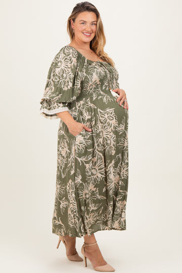 Olive Floral Smocked 3/4 Sleeve Maternity Plus Midi Dress