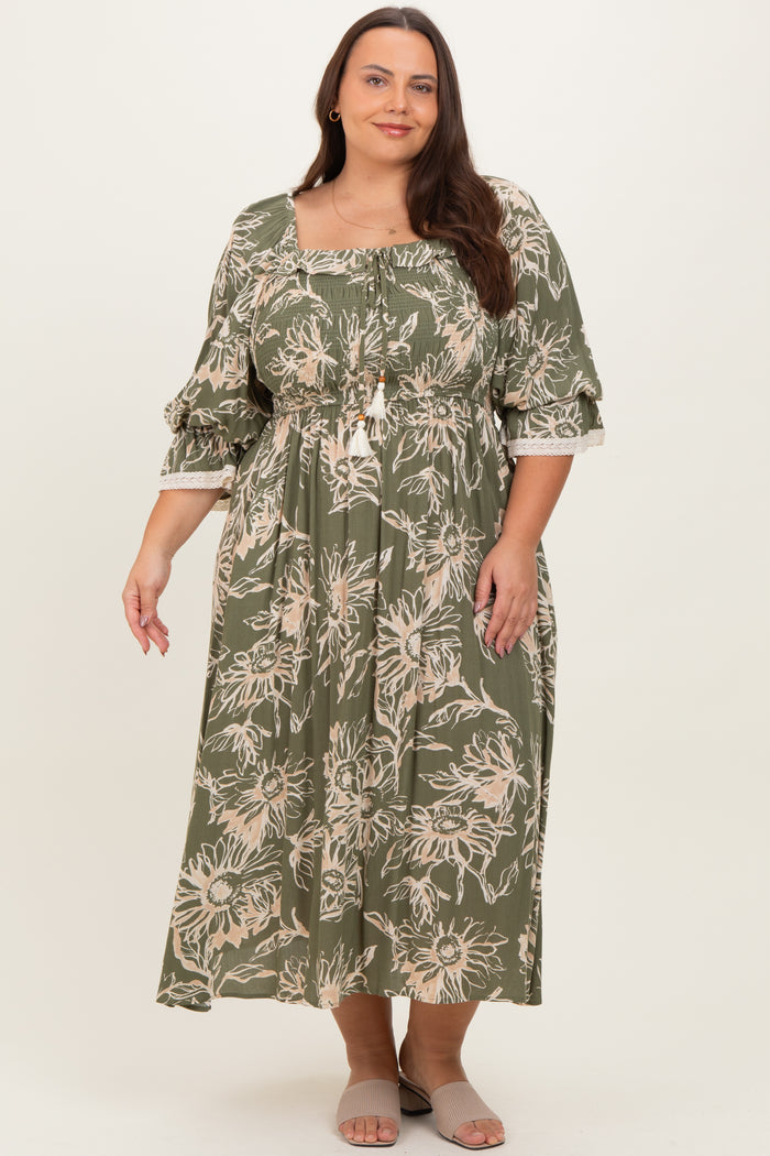 Olive Floral Smocked 3/4 Sleeve Maternity Plus Midi Dress