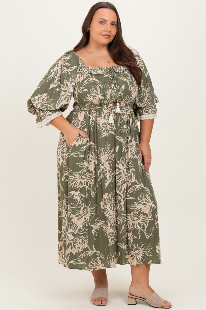 Olive Floral Smocked 3/4 Sleeve Plus Midi Dress