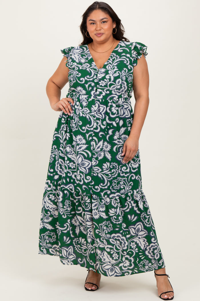 Cream-Green Floral Button Down Plus Maternity Maxi Dress