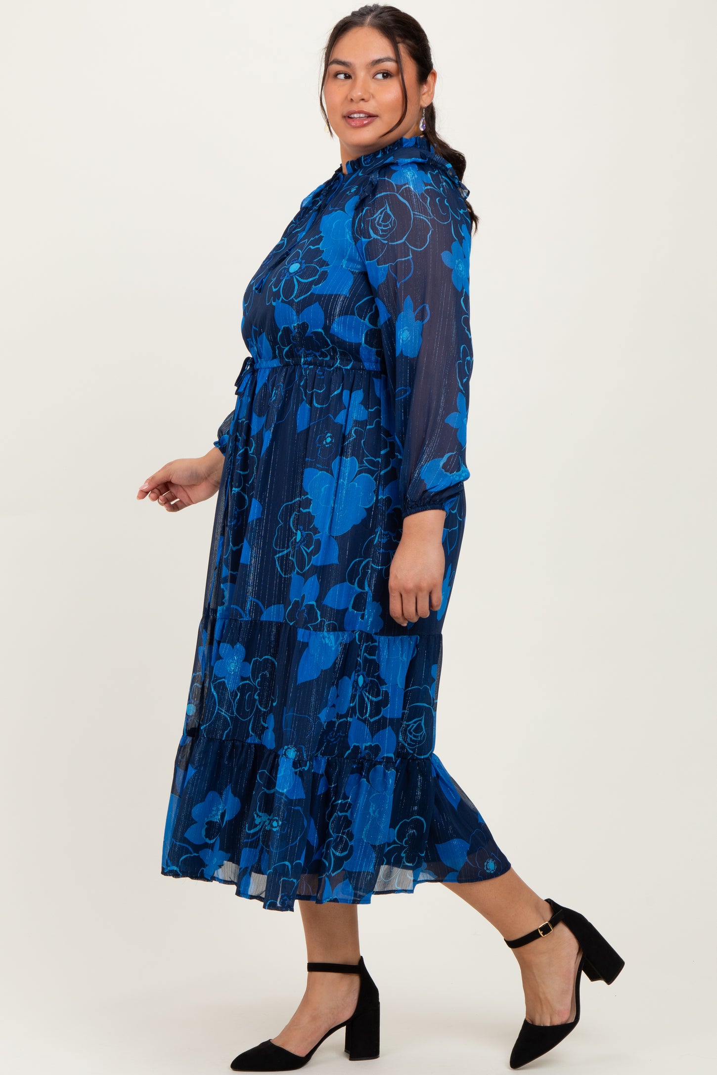 Navy Blue Floral Tiered Plus Midi Dress