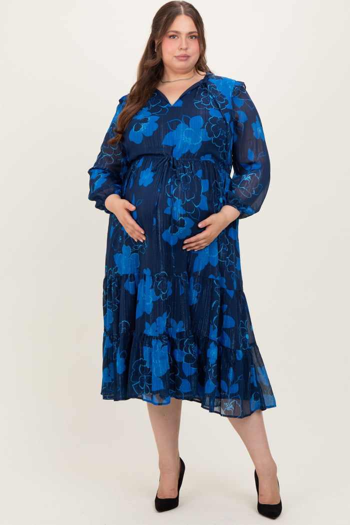 Navy Blue Floral Tiered Plus Maternity Midi Dress
