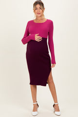Magenta Knit Colorblock Long Sleeve Maternity Midi Dress