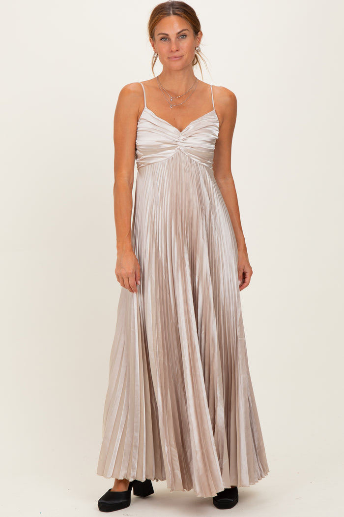 Beige Pleated Satin Sleeveless Maxi Dress