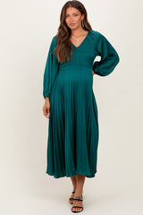 Forest Green Satin Smocked Pleated Maternity Midi Dress
