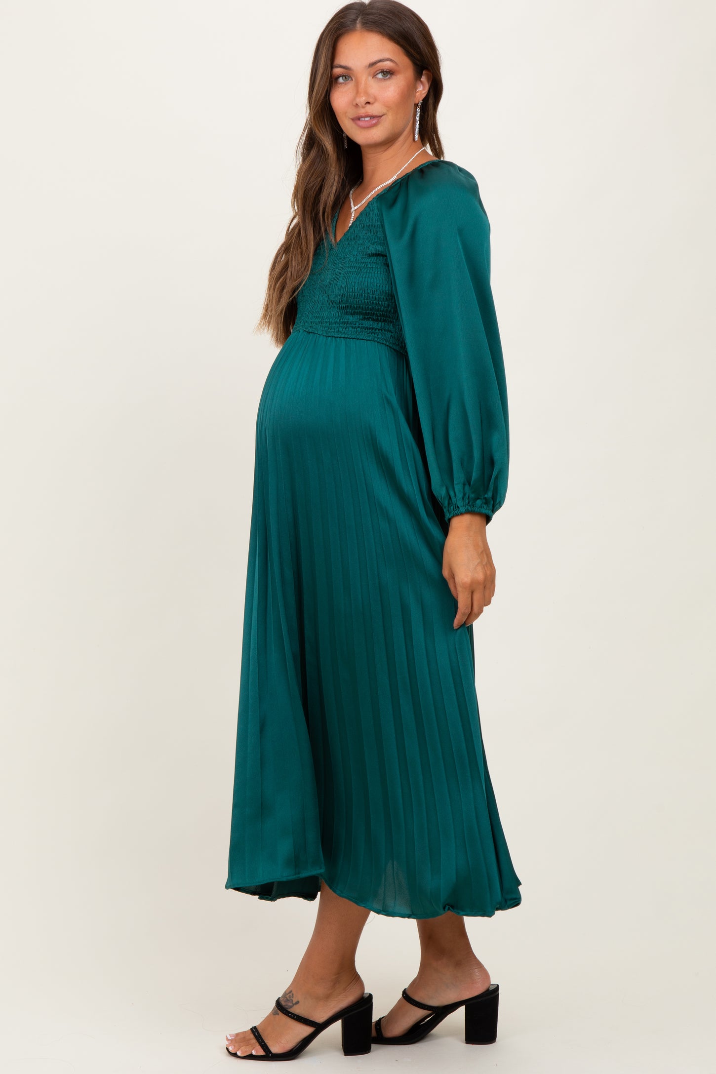 Forest Green Satin Smocked Pleated Maternity Midi Dress