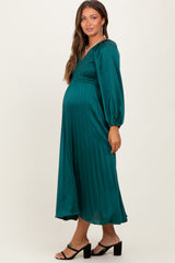 Forest Green Satin Smocked Pleated Maternity Midi Dress