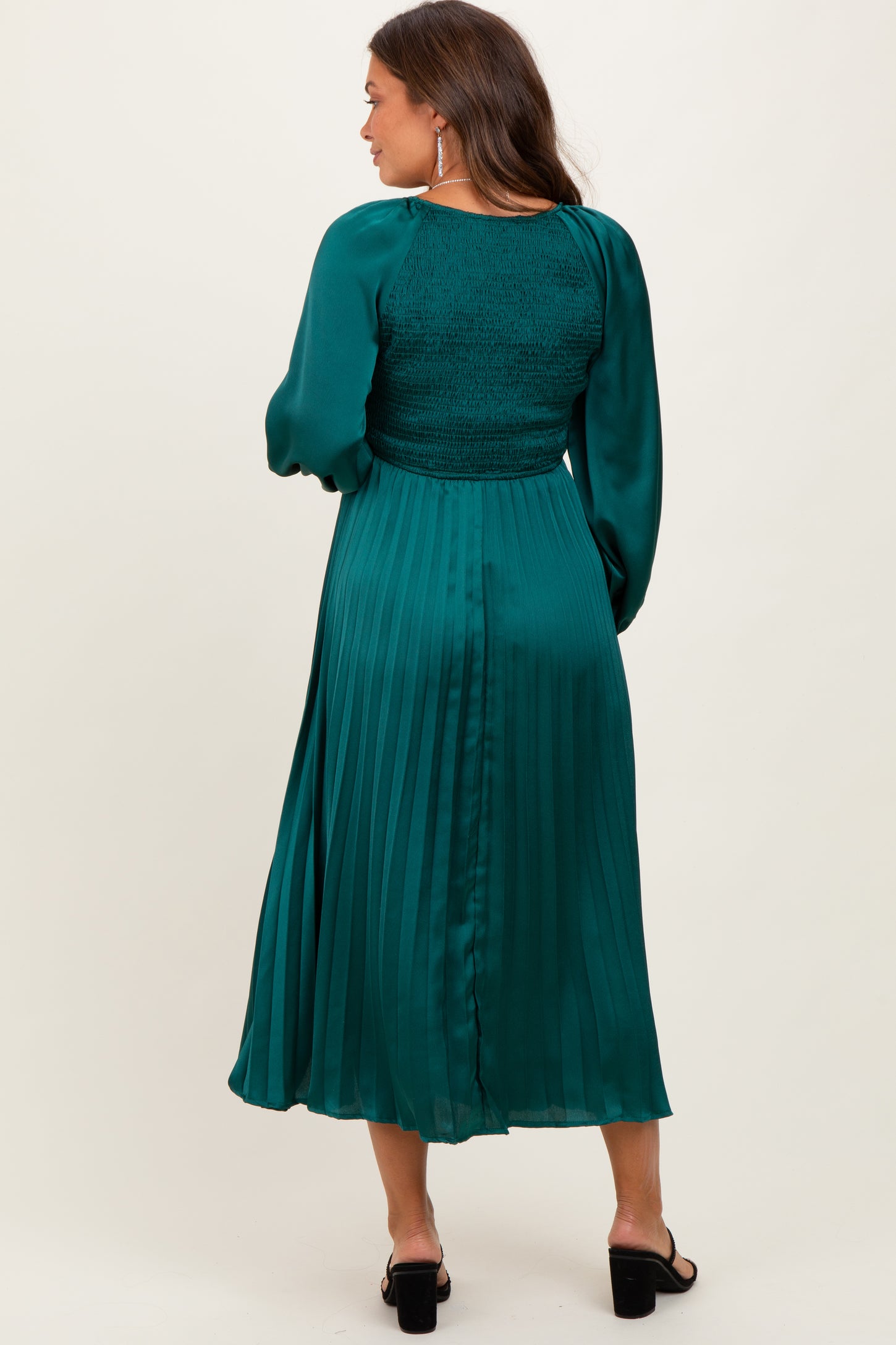 Forest Green Satin Smocked Pleated Maternity Midi Dress