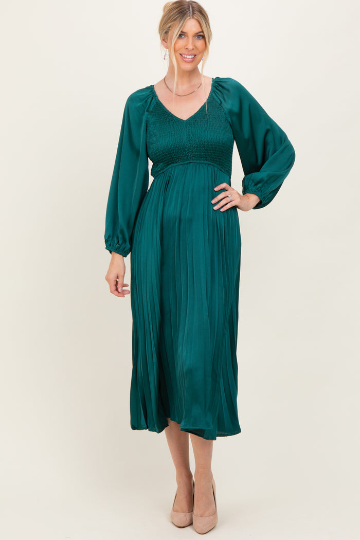 Forest Green Satin Smocked Pleated Maternity Midi Dress