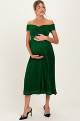 Forest Green Shimmer Off Shoulder Pleated Maternity Midi Dress