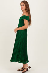 Forest Green Shimmer Off Shoulder Pleated Midi Dress