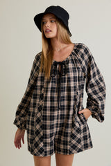 Black Beige Plaid Maternity Romper