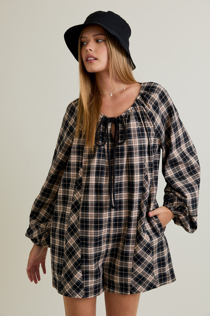 Black Beige Plaid Romper