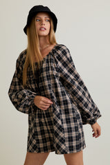 Black Beige Plaid Romper