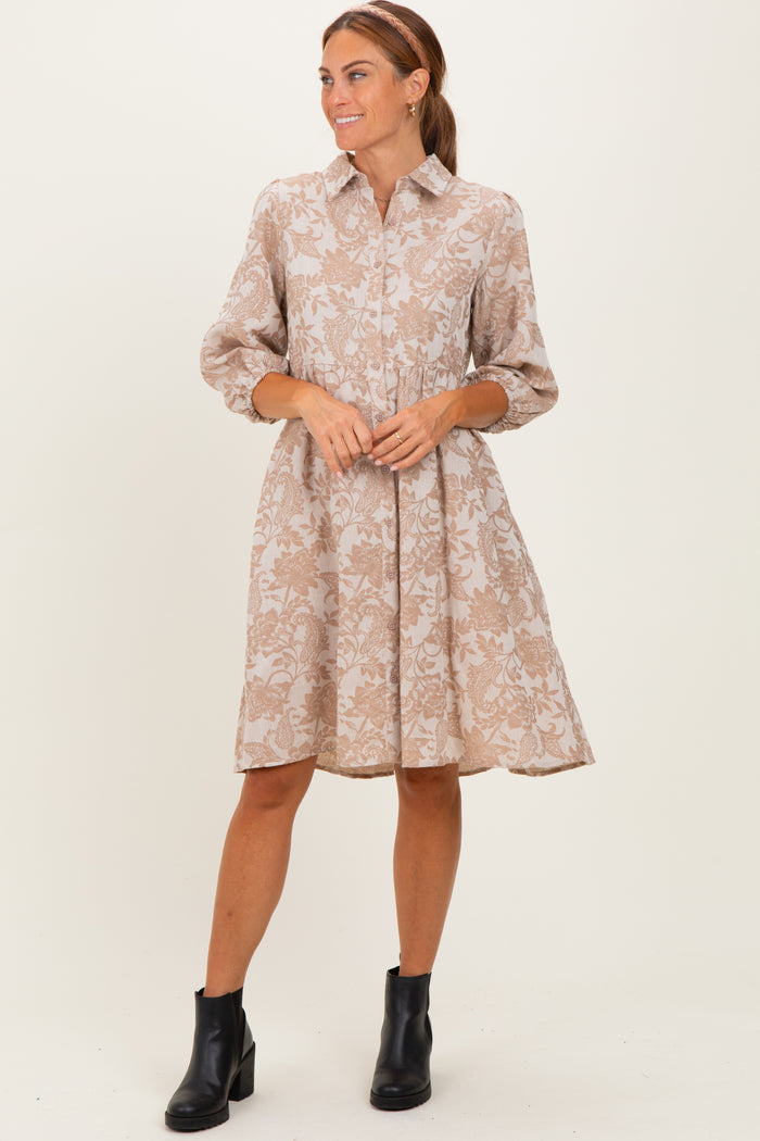 Beige Floral Button Down 3/4 Sleeve Maternity Midi Dress