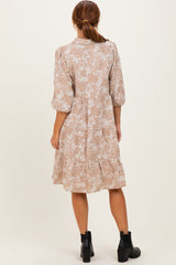 Beige Floral Button 3/4 Long Sleeve Midi Dress