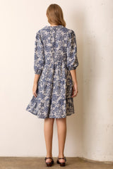 Navy Floral Button Down 3/4 Sleeve Midi Dress