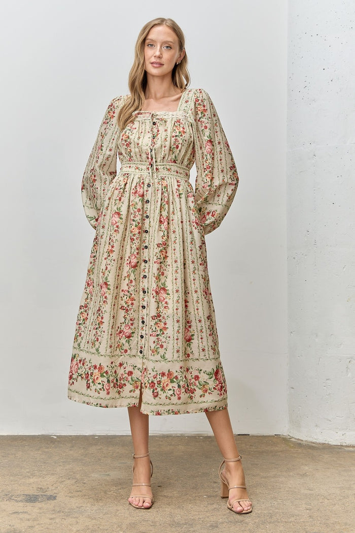 Cream Floral Stripe Button Down Long Sleeve Maternity Midi Dress