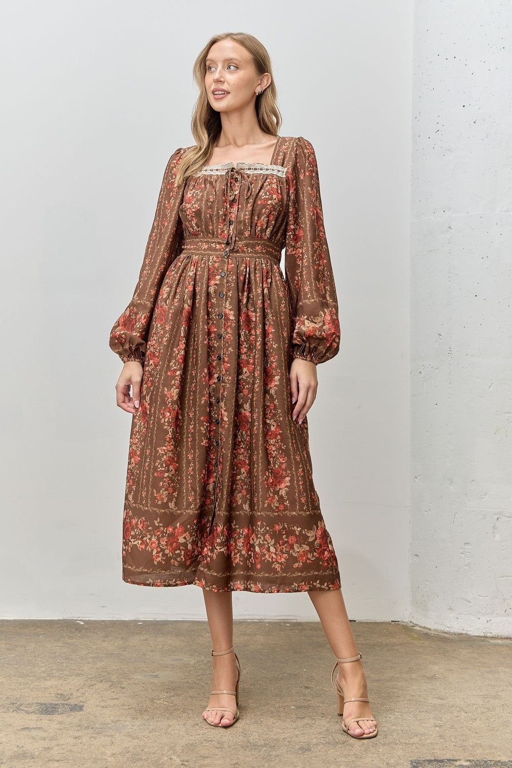 Brown Floral Stripe Button Down Long Sleeve Midi Dress