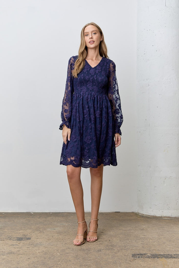 Navy Embroidered Lace Smocked Long Sleeve Maternity Dress