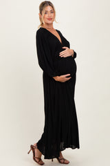 Black Solid Long Sleeve V-Neck Smocked Detail Maternity Maxi Dress