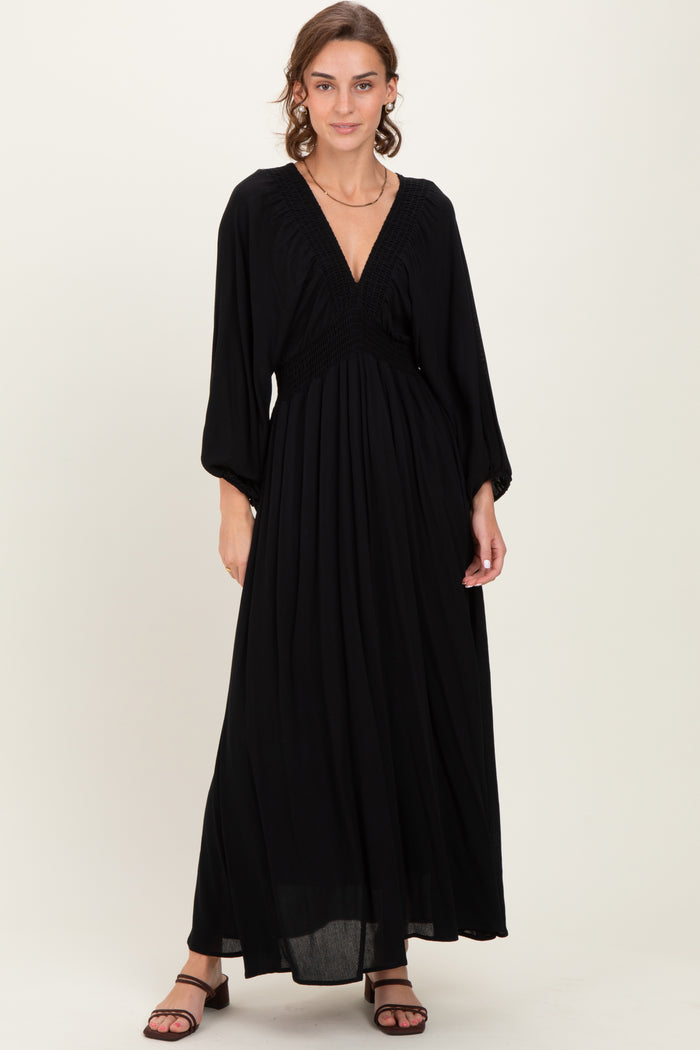 Black Solid Long Sleeve V-Neck Smocked Detail Maternity Maxi Dress