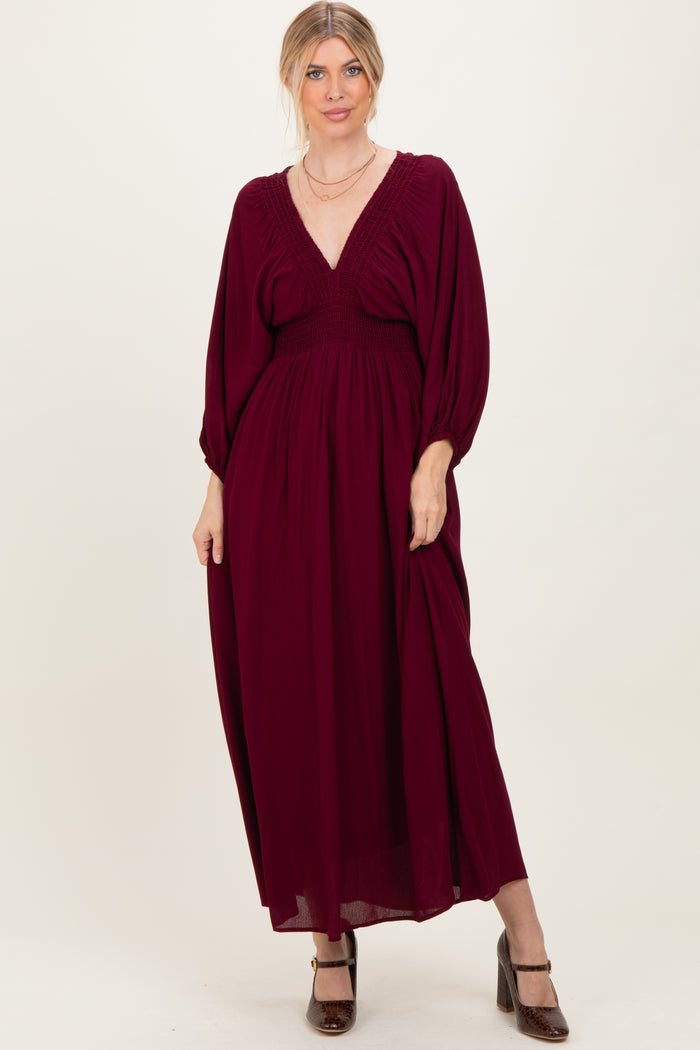 Burgundy Solid Long Sleeve V-Neck Smocked Detail Maternity Maxi Dress
