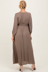 Mocha Solid Long Sleeve V-Neck Smocked Detail Maternity Maxi Dress