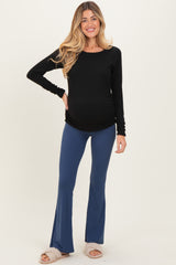 Black Solid Ribbed Ruched Long Sleeve Maternity Top