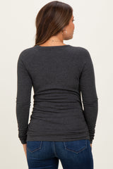 Charcoal Solid Ribbed Ruched Long Sleeve Maternity Top