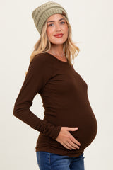 Brown Solid Ribbed Ruched Long Sleeve Maternity Top
