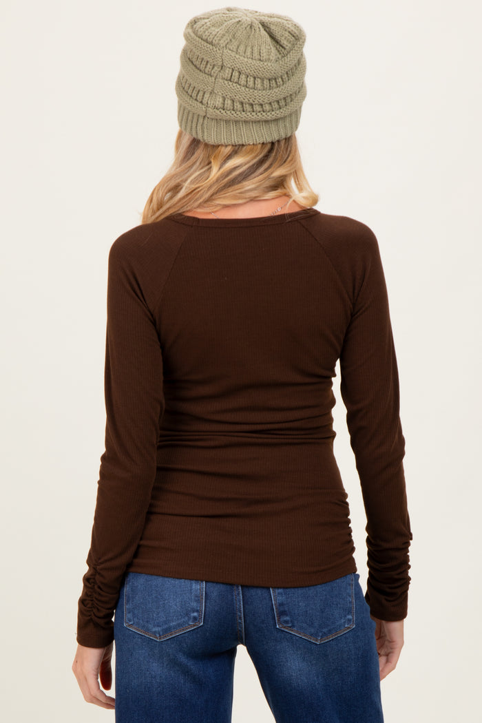 Brown Solid Ribbed Ruched Long Sleeve Maternity Top
