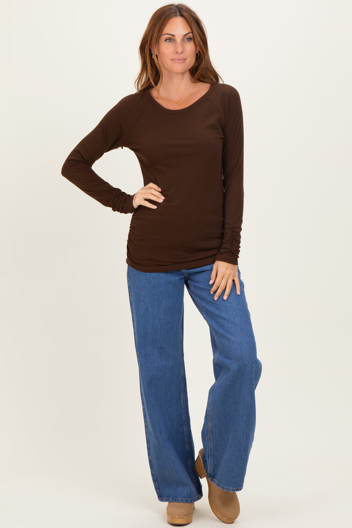Brown Solid Ribbed Ruched Long Sleeve Top