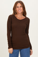 Brown Solid Ribbed Ruched Long Sleeve Top