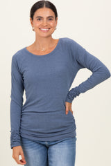Blue Solid Ribbed Ruched Long Sleeve Top