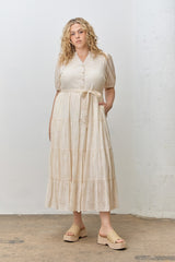 Cream Split Neckline Tiered Plus Midi Dress