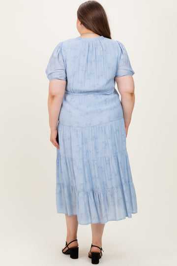Light Blue Split Neckline Tiered Maternity Plus Midi Dress