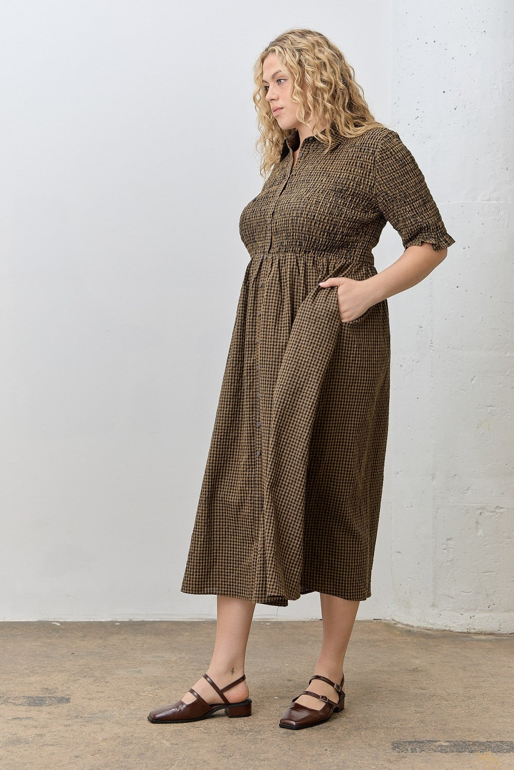 Brown Gingham Smocked Button Down Plus Midi Dress